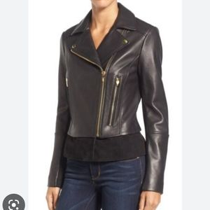 Via Spiga Black Leather Moto Jacket w/ Suede Trim